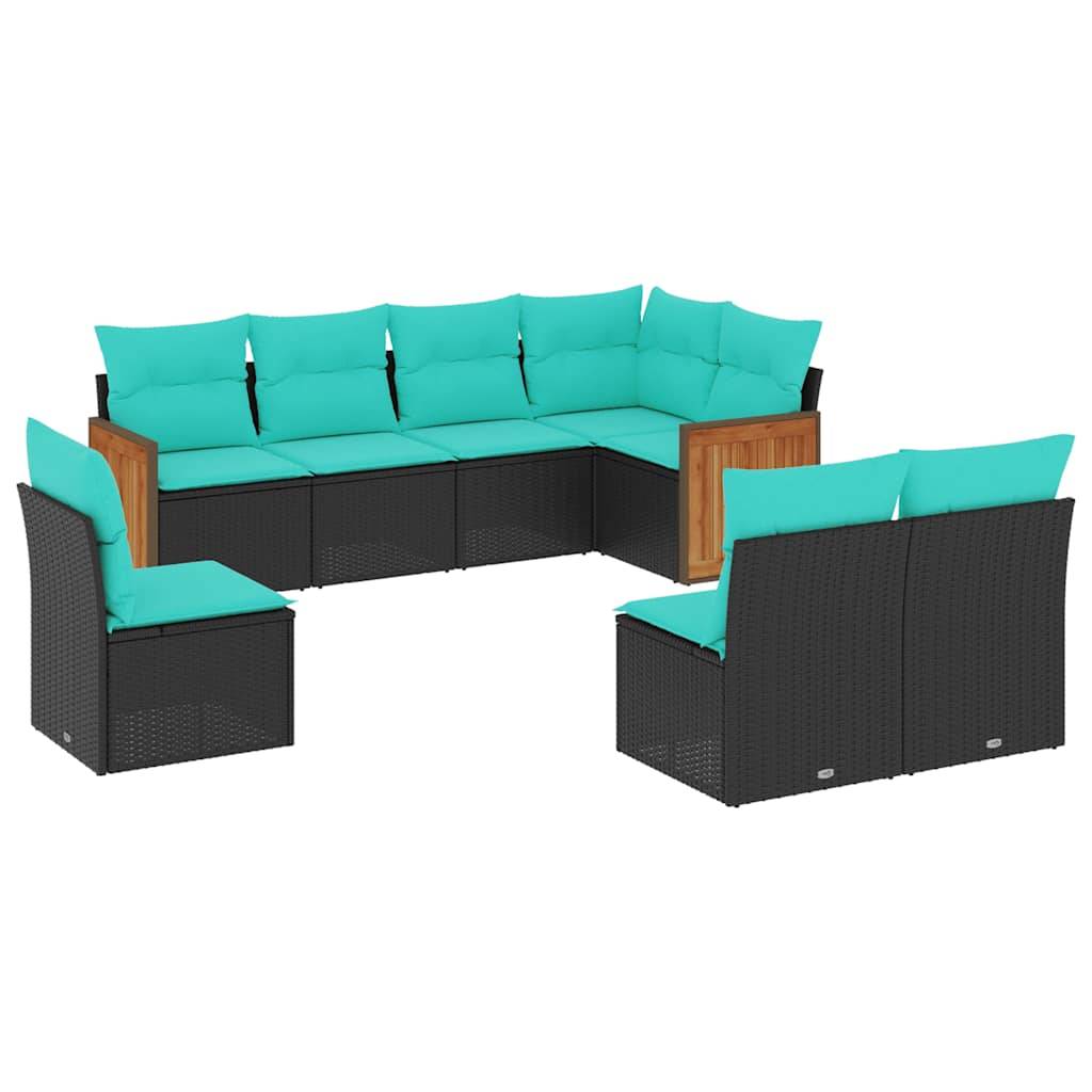vidaXL 8-teiliges Gartensofa-Set mit Kissen, schwarzes Polyrattan
