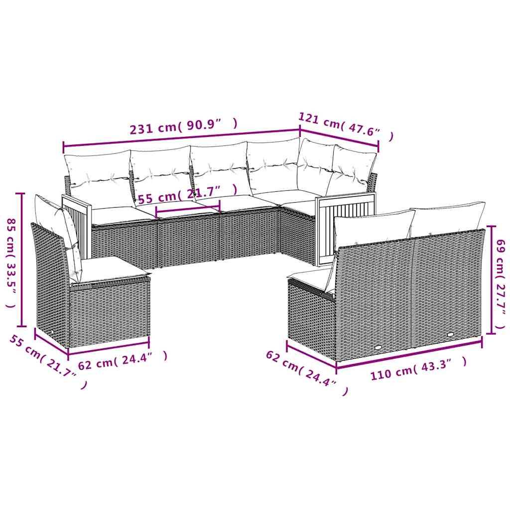 vidaXL 8-teiliges Gartensofa-Set mit Kissen, schwarzes Polyrattan