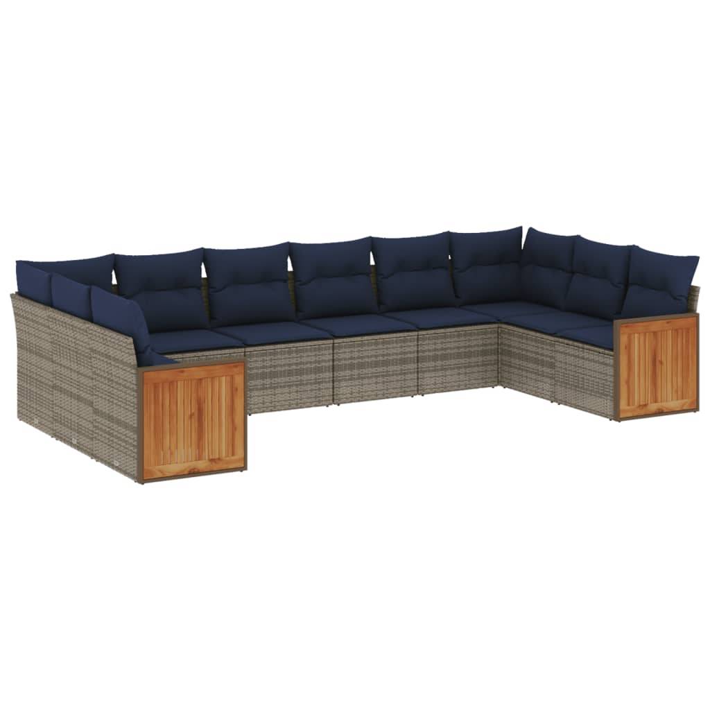 vidaXL 10-teiliges Gartensofa-Set mit Kissen, grau, Polyrattan