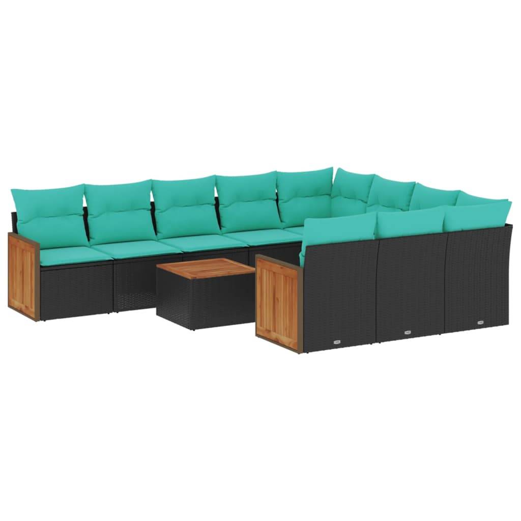 vidaXL 11-teiliges Gartensofa-Set mit Kissen, schwarzes Polyrattan
