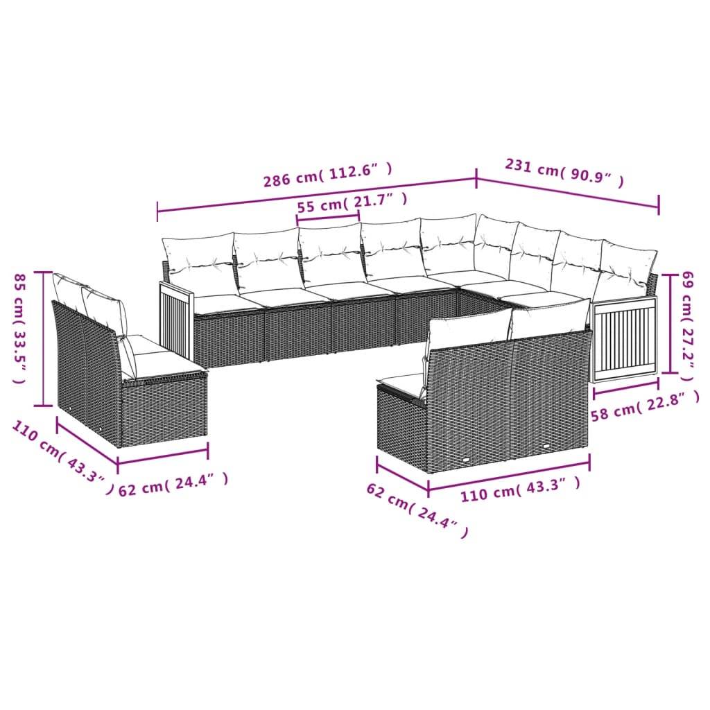 vidaXL 12-teiliges Gartensofa-Set mit Kissen, grau, Polyrattan