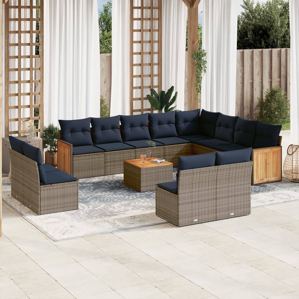 vidaXL 13-teiliges Gartensofa-Set mit Kissen, grau, Polyrattan