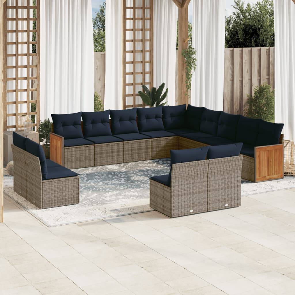vidaXL 13-teiliges Gartensofa-Set mit Kissen, grau, Polyrattan