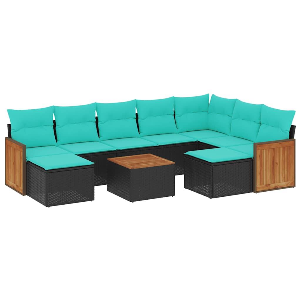 vidaXL 10-teiliges Gartensofa-Set mit Kissen, schwarzes Polyrattan