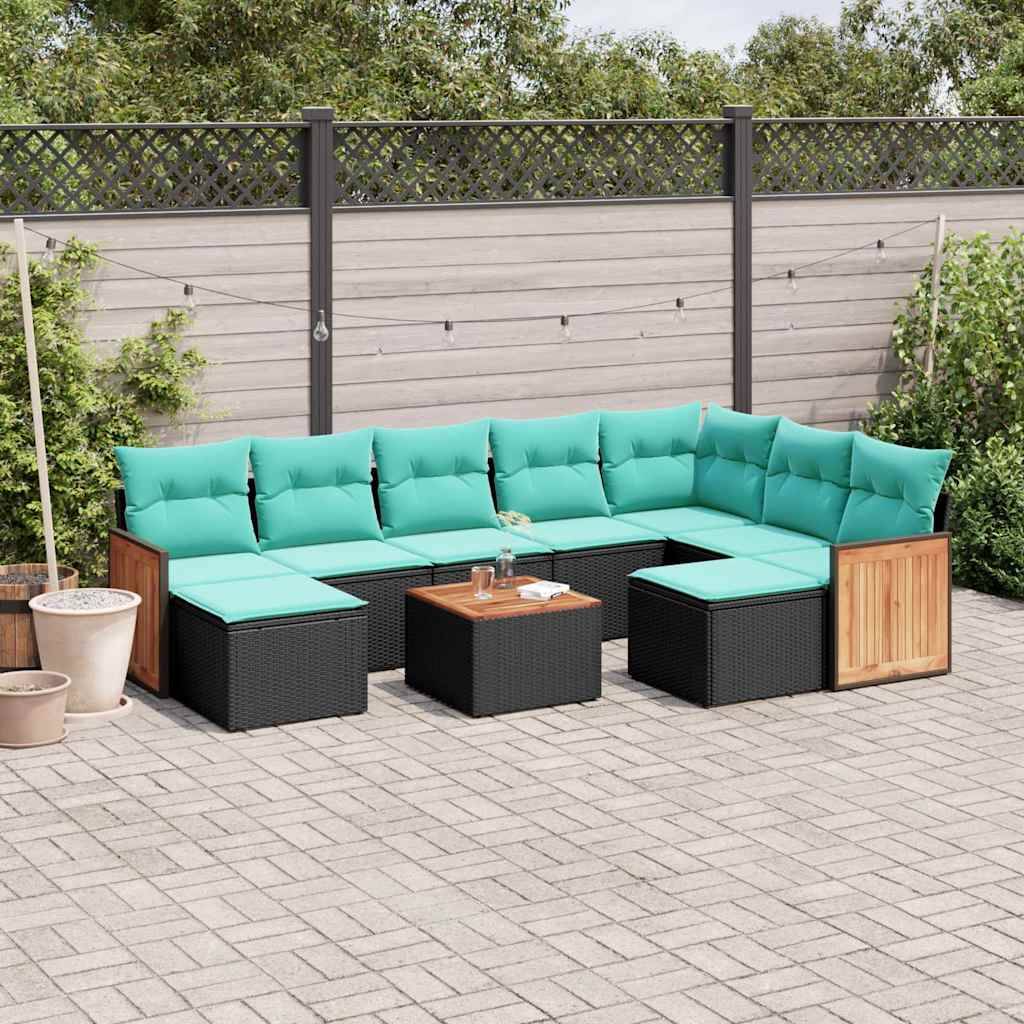 vidaXL 10-teiliges Gartensofa-Set mit Kissen, schwarzes Polyrattan