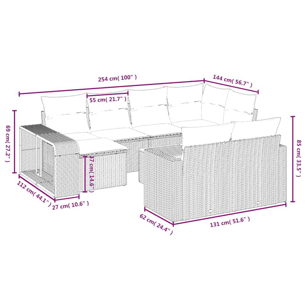 vidaXL 11-teiliges Gartensofa-Set mit Kissen, grau, Polyrattan