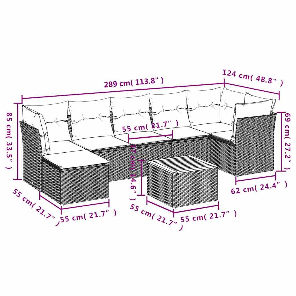 vidaXL 8-teiliges Gartensofa-Set mit Kissen, grau, Polyrattan