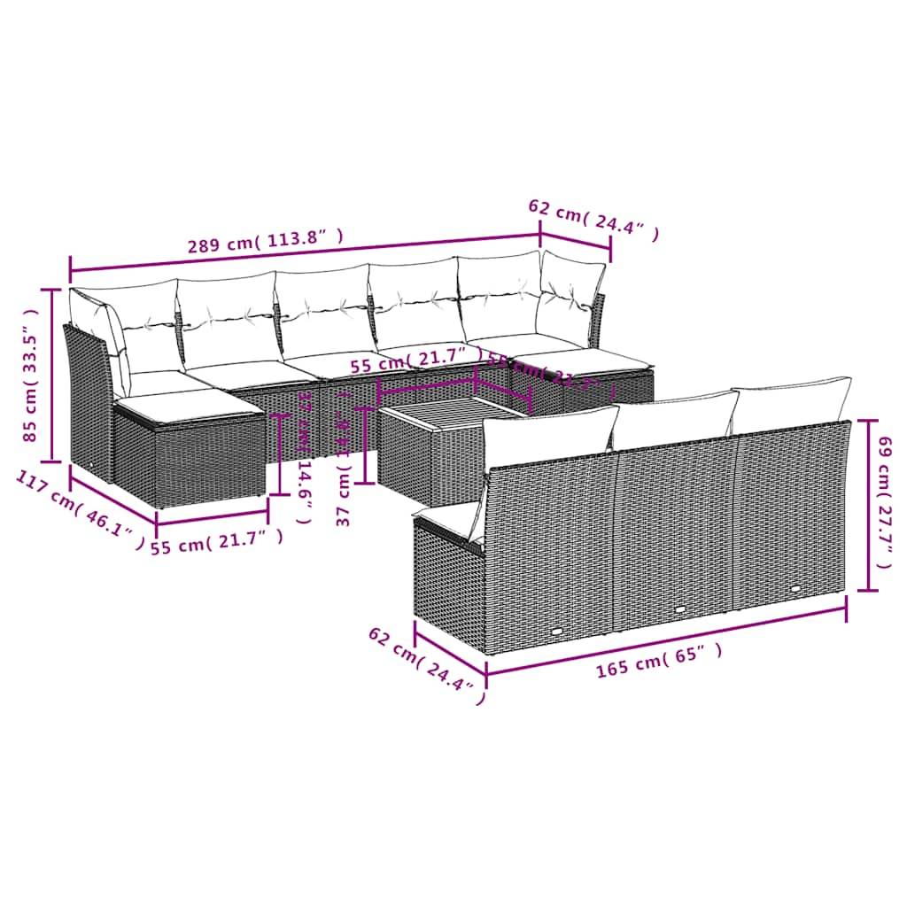vidaXL 11-teiliges Gartensofa-Set mit Kissen, grau, Polyrattan