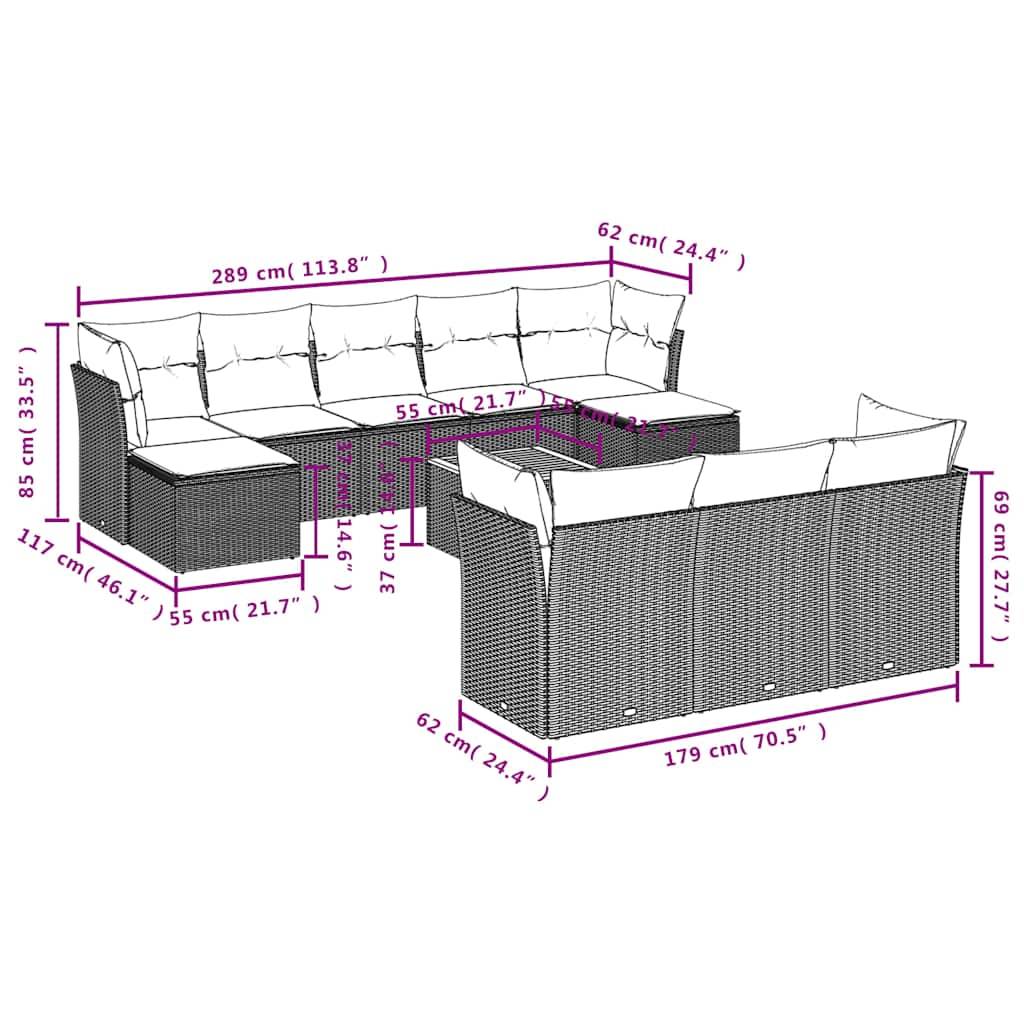vidaXL 11-teiliges Gartensofa-Set mit Kissen, grau, Polyrattan