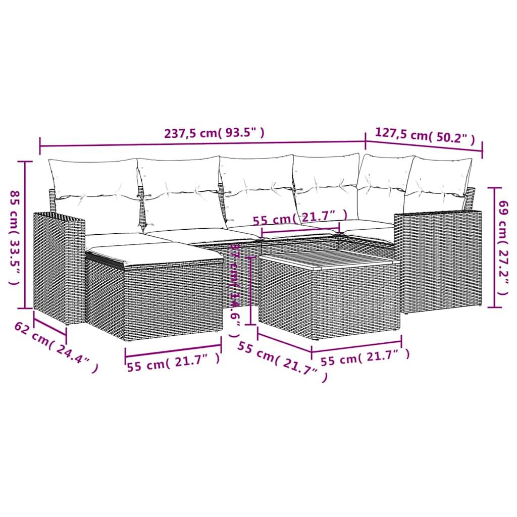 vidaXL 7-teiliges Gartensofa-Set mit Kissen, grau, Polyrattan