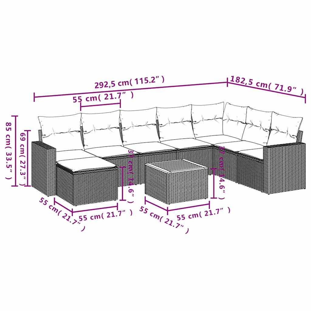 vidaXL 9-teiliges Gartensofa-Set mit Kissen, grau, Polyrattan