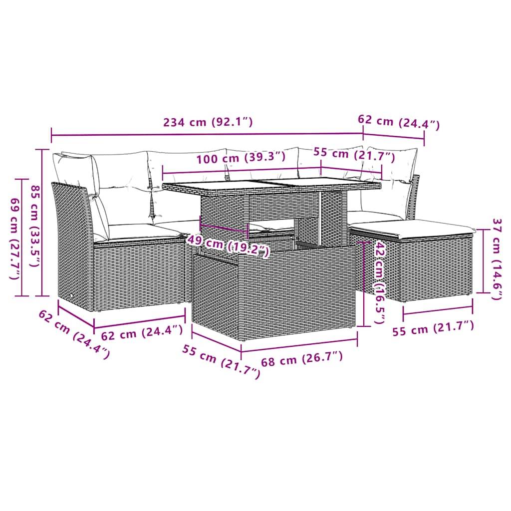 vidaXL 6-teiliges Gartensofa-Set mit Kissen, grau, Polyrattan