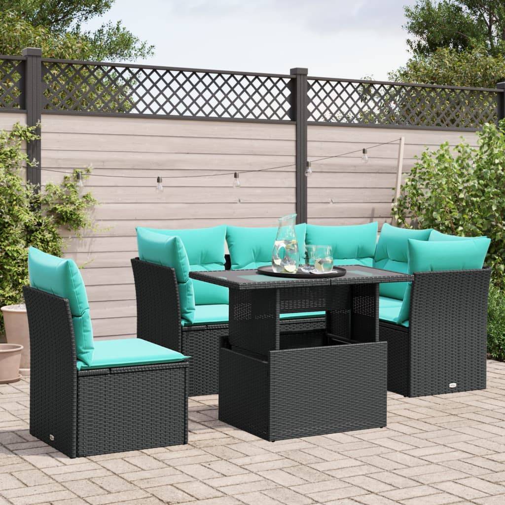 vidaXL 6-teiliges Gartensofa-Set mit Kissen, schwarzes Polyrattan