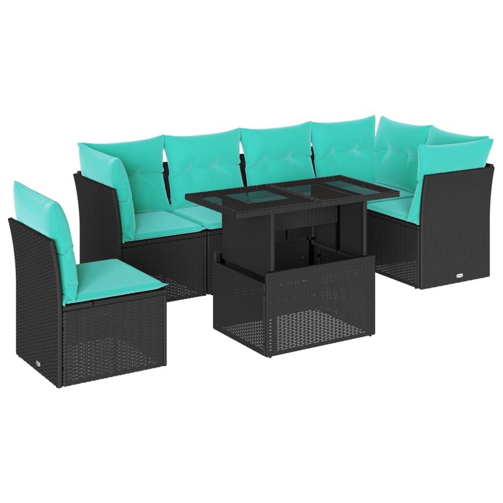 vidaXL 7-teiliges Gartensofa-Set mit Kissen, schwarzes Polyrattan