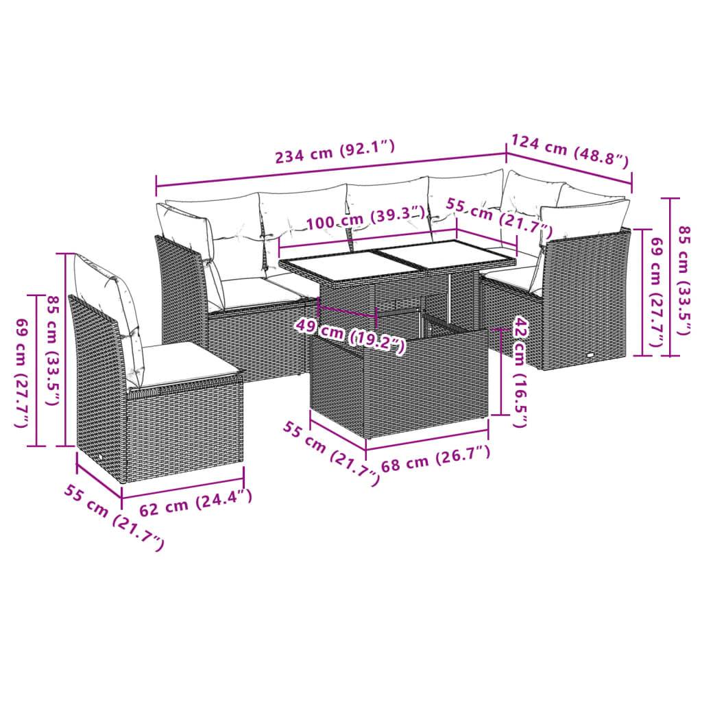 vidaXL 7-teiliges Gartensofa-Set mit Kissen, schwarzes Polyrattan