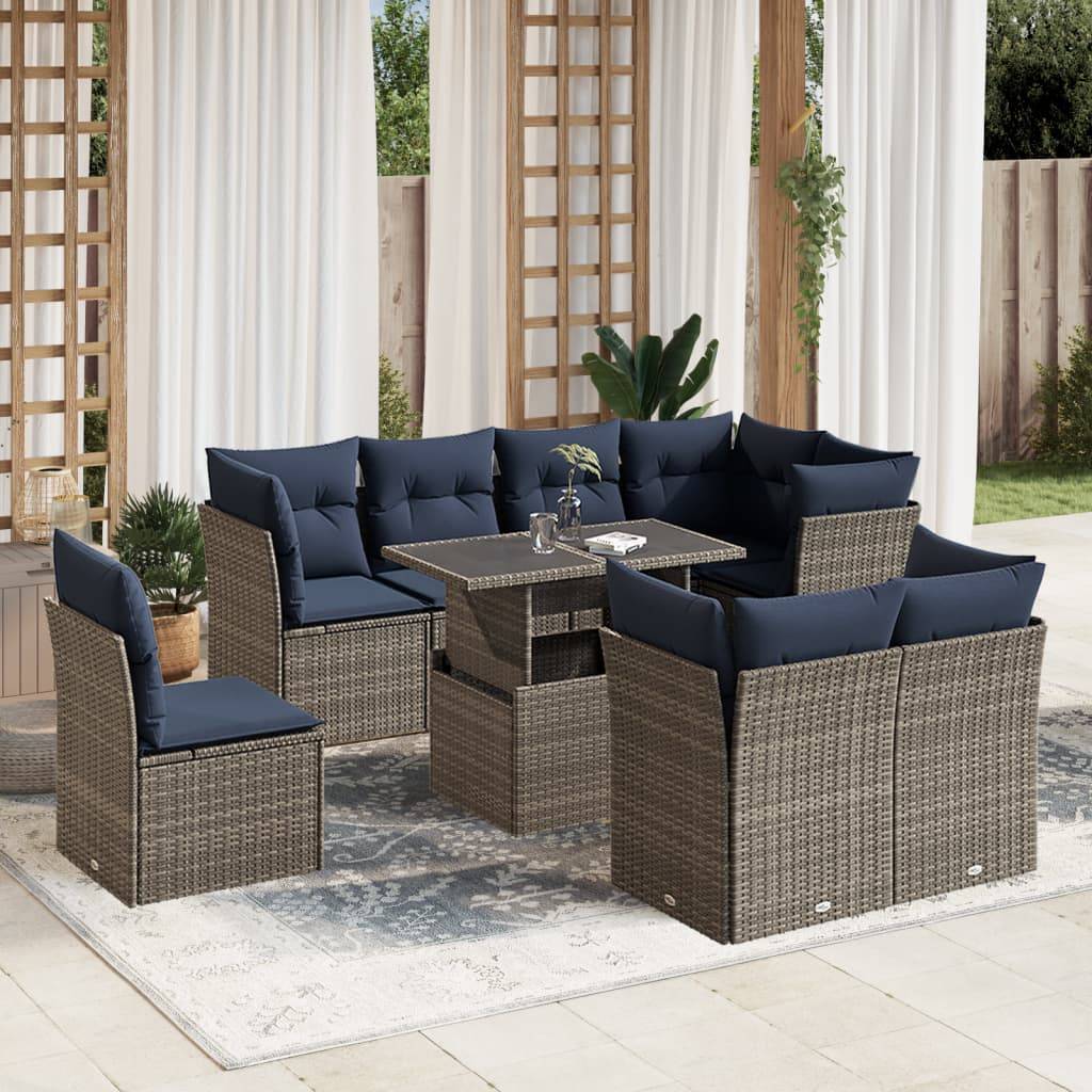 vidaXL 9-teiliges Gartensofa-Set mit Kissen, grau, Polyrattan