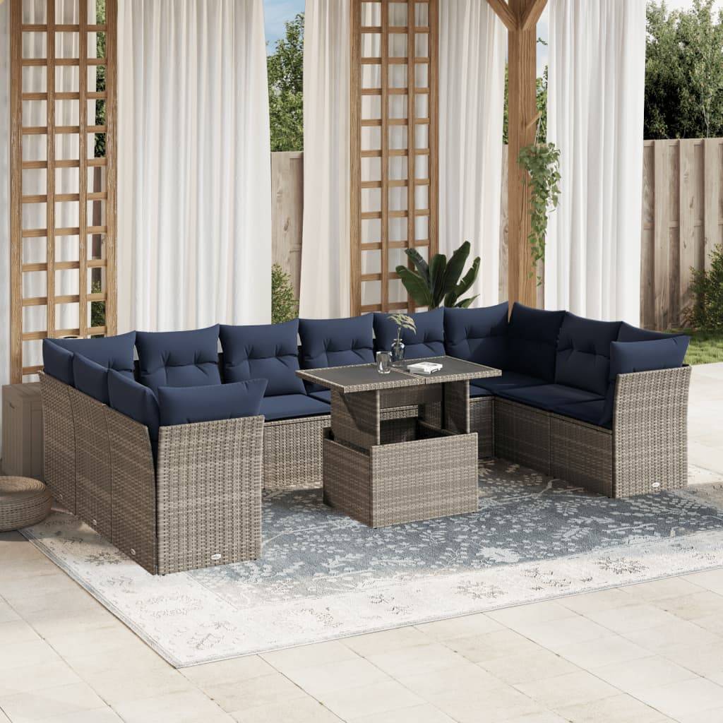 vidaXL 11-teiliges Gartensofa-Set mit Kissen, grau, Polyrattan