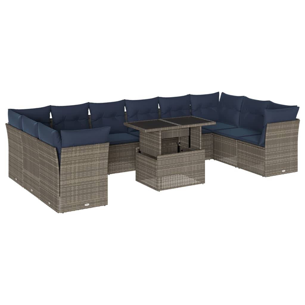 vidaXL 11-teiliges Gartensofa-Set mit Kissen, grau, Polyrattan