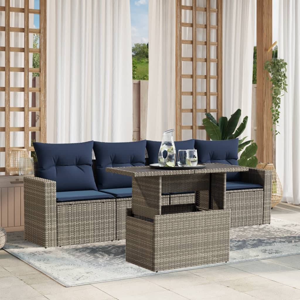 vidaXL 5-teiliges Gartensofa-Set mit Kissen, grau, Polyrattan