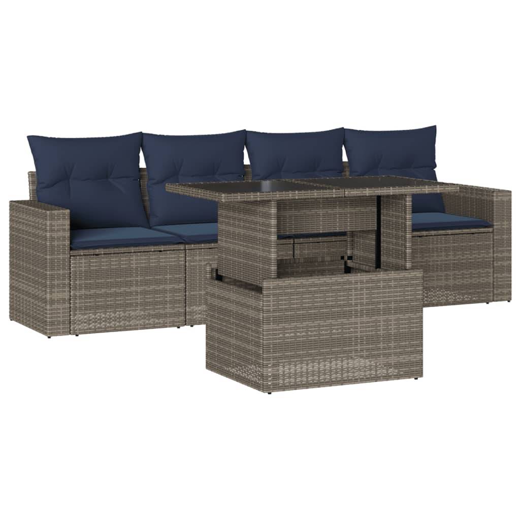 vidaXL 5-teiliges Gartensofa-Set mit Kissen, grau, Polyrattan