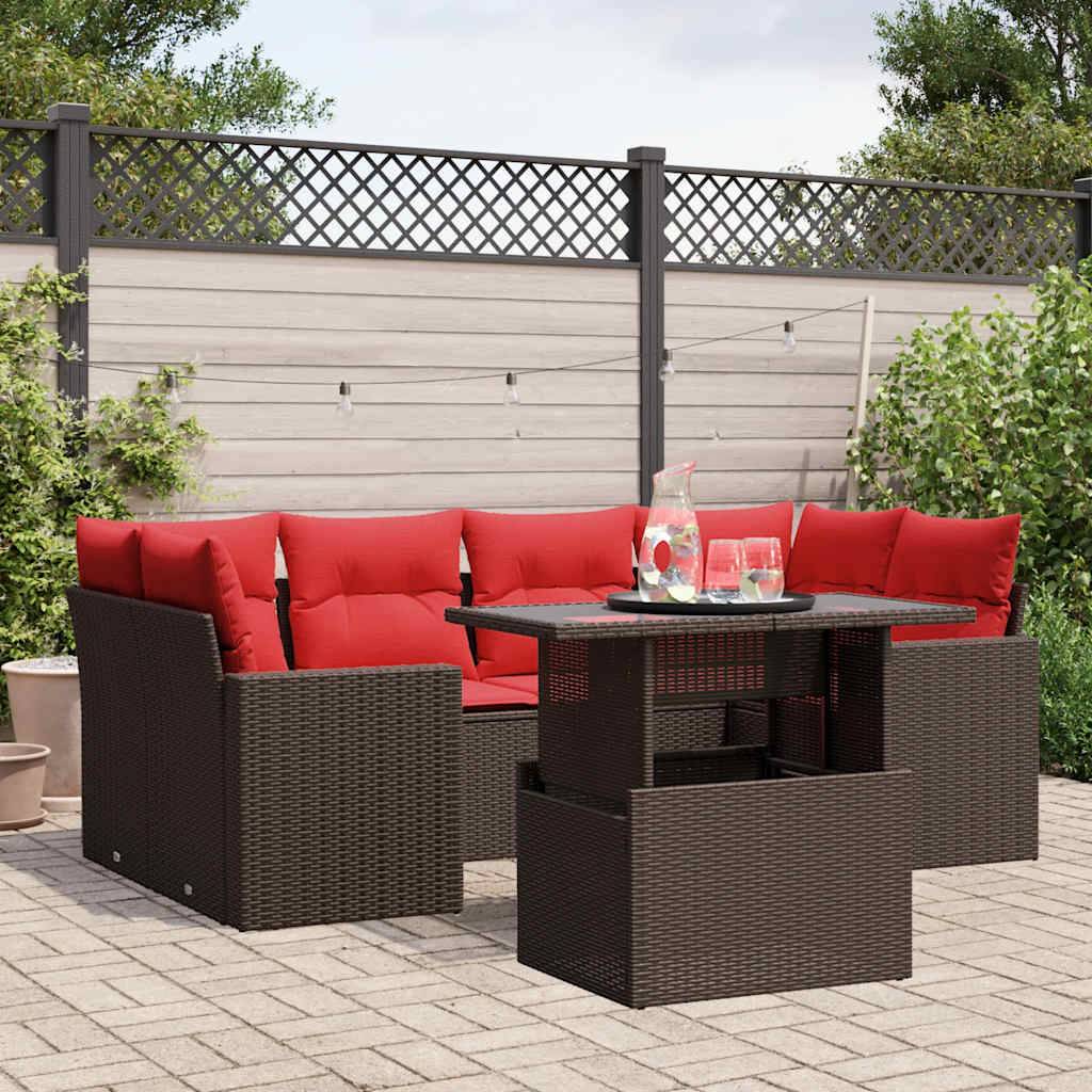 vidaXL 7-teiliges Gartensofa-Set mit Kissen, braun, Polyrattan