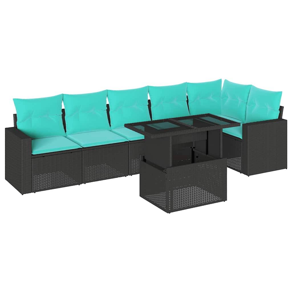 vidaXL 7-teiliges Gartensofa-Set mit Kissen, schwarzes Polyrattan