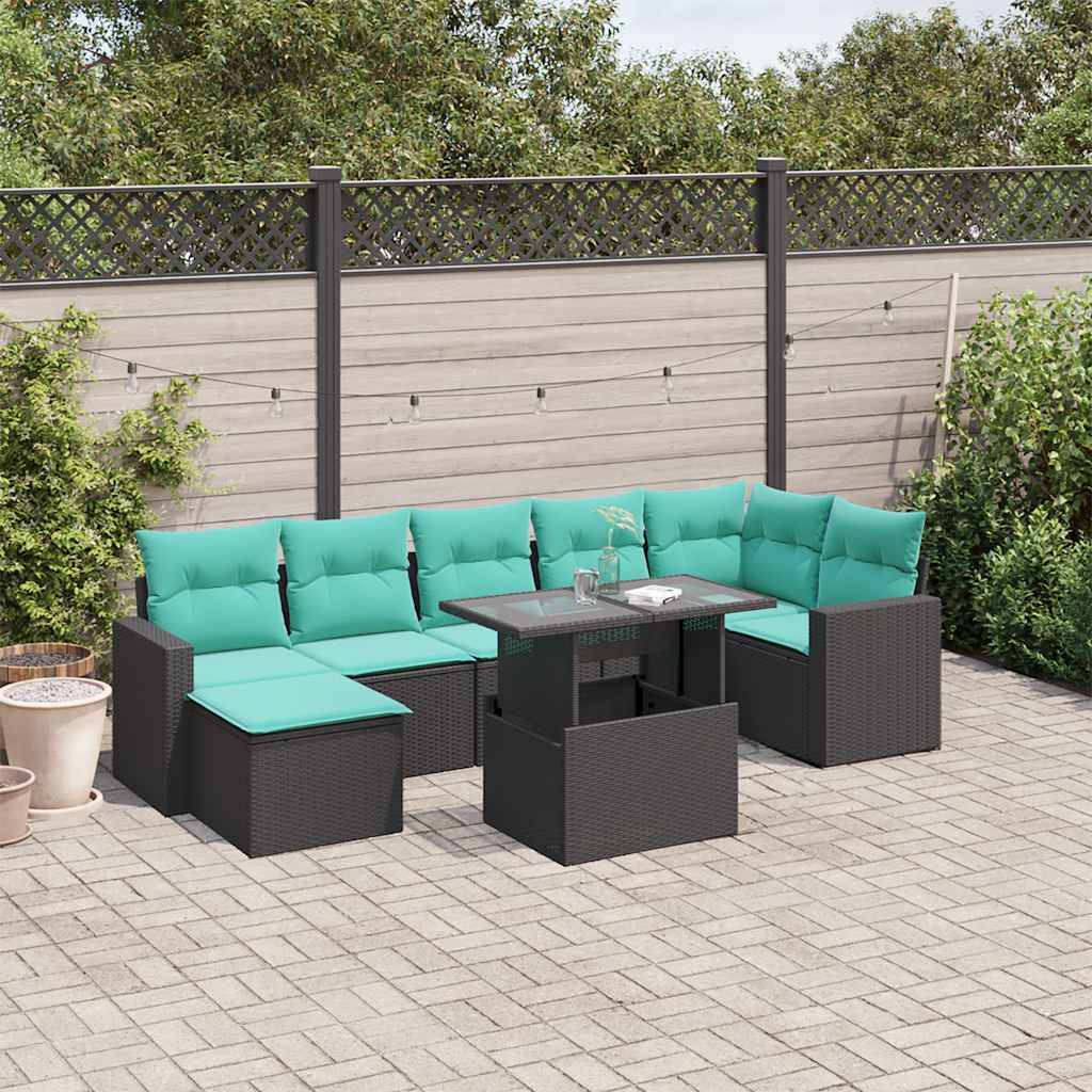 vidaXL 8-teiliges Gartensofa-Set mit Kissen, schwarzes Polyrattan
