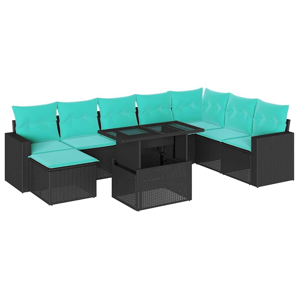 vidaXL 9-teiliges Gartensofa-Set mit Kissen, schwarzes Polyrattan