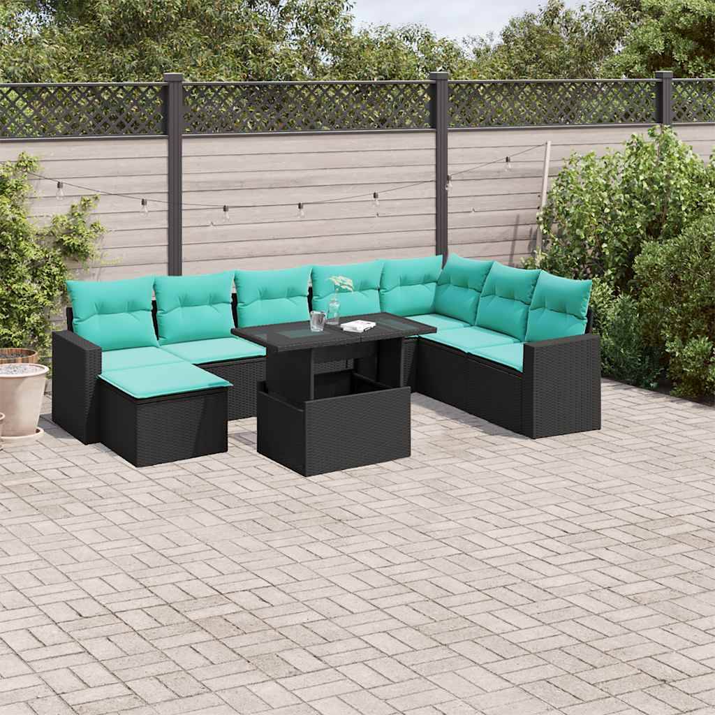 vidaXL 9-teiliges Gartensofa-Set mit Kissen, schwarzes Polyrattan