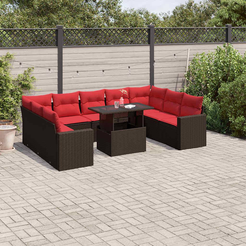 vidaXL 10-teiliges Gartensofa-Set mit Kissen, braun, Polyrattan