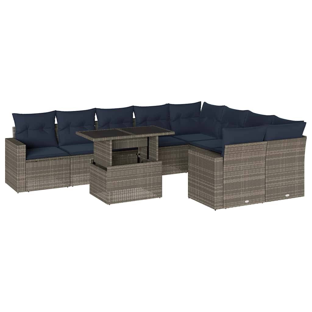 vidaXL 10-teiliges Gartensofa-Set mit Kissen, grau, Polyrattan