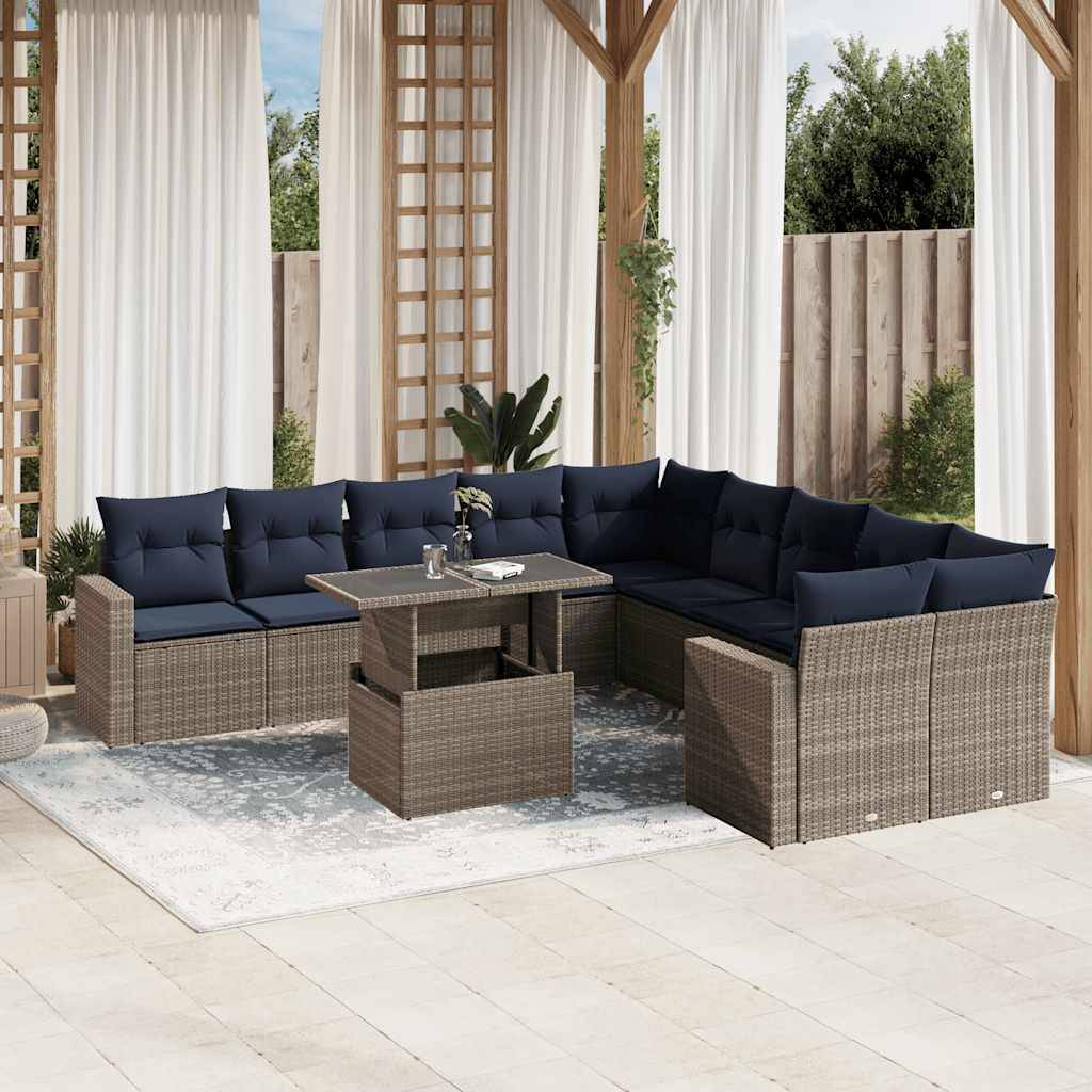 vidaXL 11-teiliges Gartensofa-Set mit Kissen, grau, Polyrattan