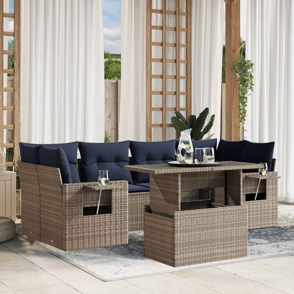 vidaXL 7-teiliges Gartensofa-Set mit Kissen, grau, Polyrattan
