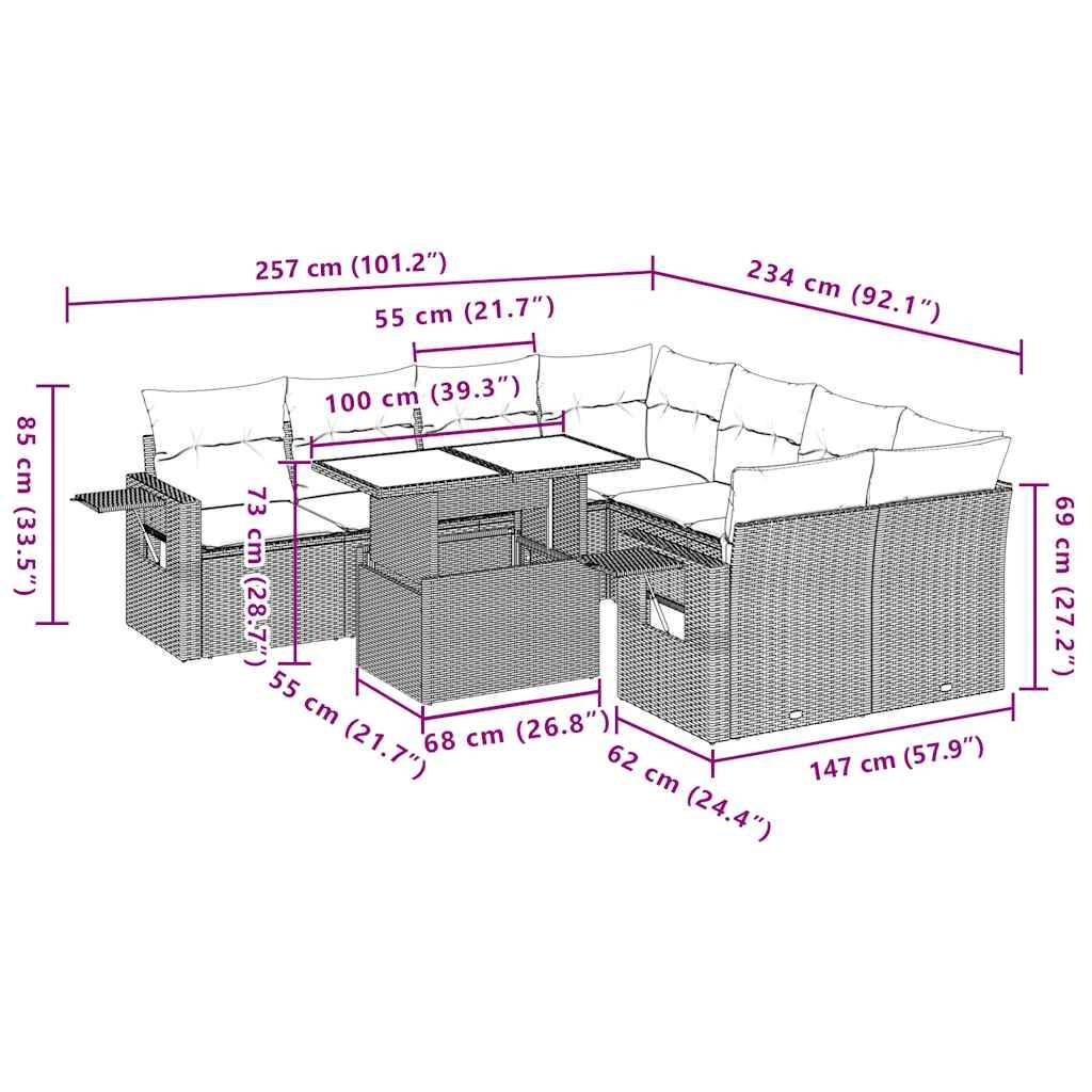 vidaXL 9-teiliges Gartensofa-Set mit Kissen, schwarzes Polyrattan