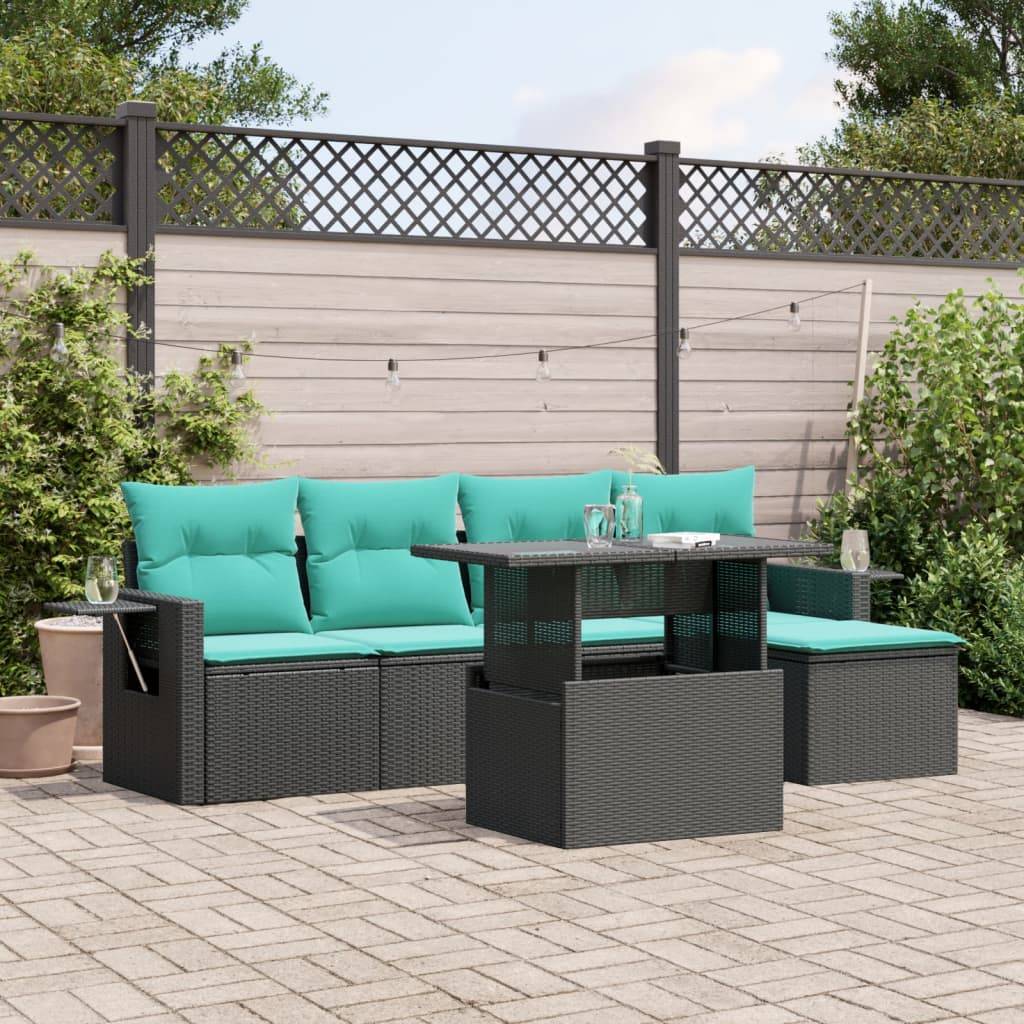 vidaXL 6-teiliges Gartensofa-Set mit Kissen, schwarzes Polyrattan