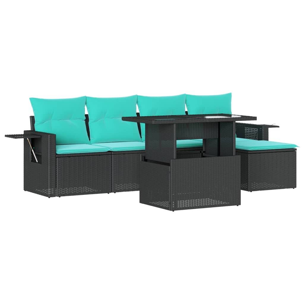 vidaXL 6-teiliges Gartensofa-Set mit Kissen, schwarzes Polyrattan