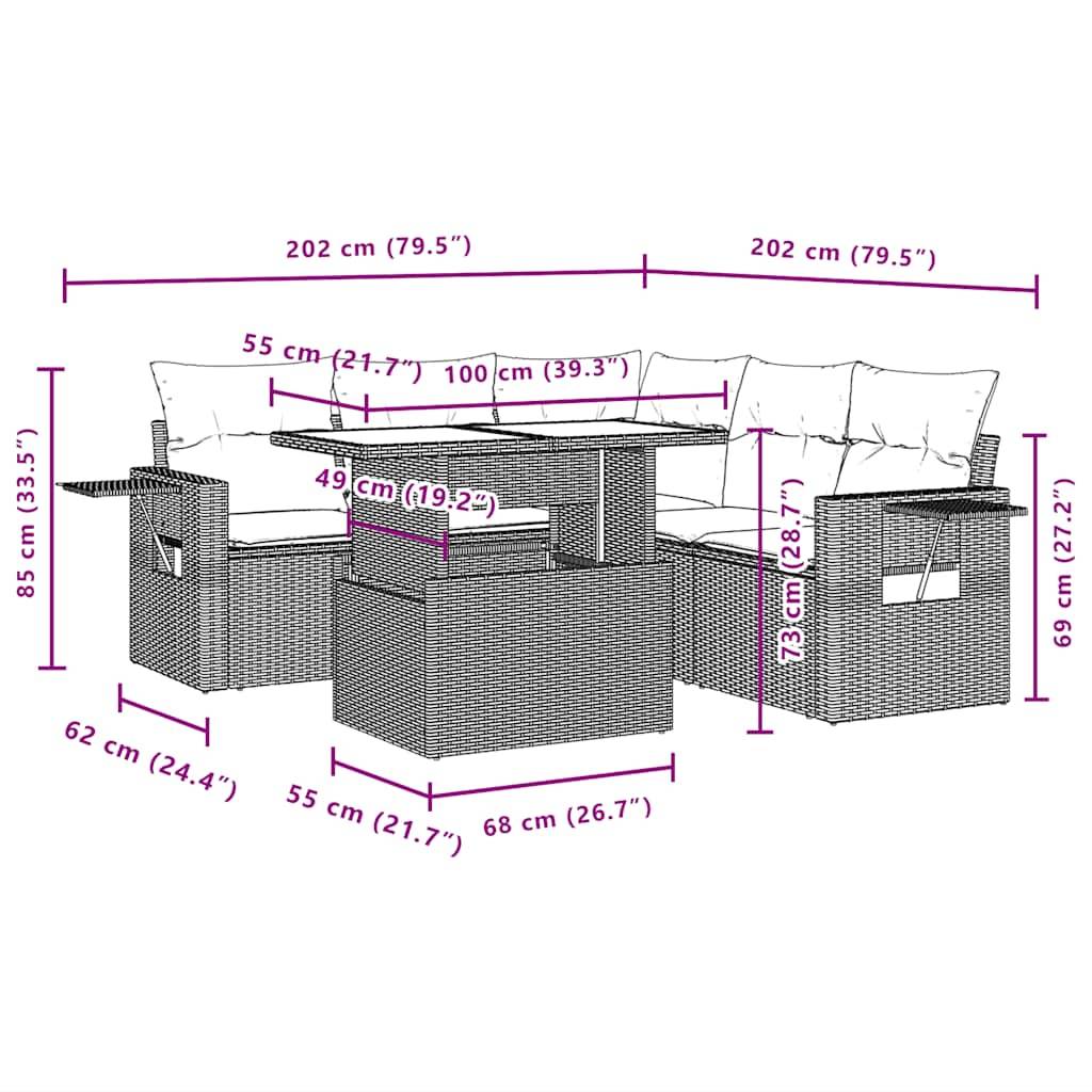 vidaXL 6-teiliges Gartensofa-Set mit Kissen, grau, Polyrattan