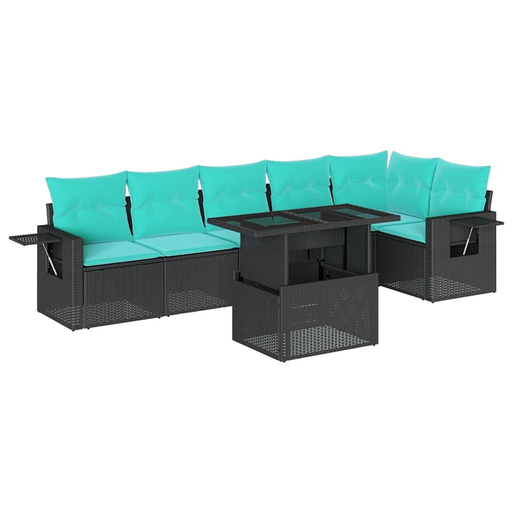 vidaXL 7-teiliges Gartensofa-Set mit Kissen, schwarzes Polyrattan