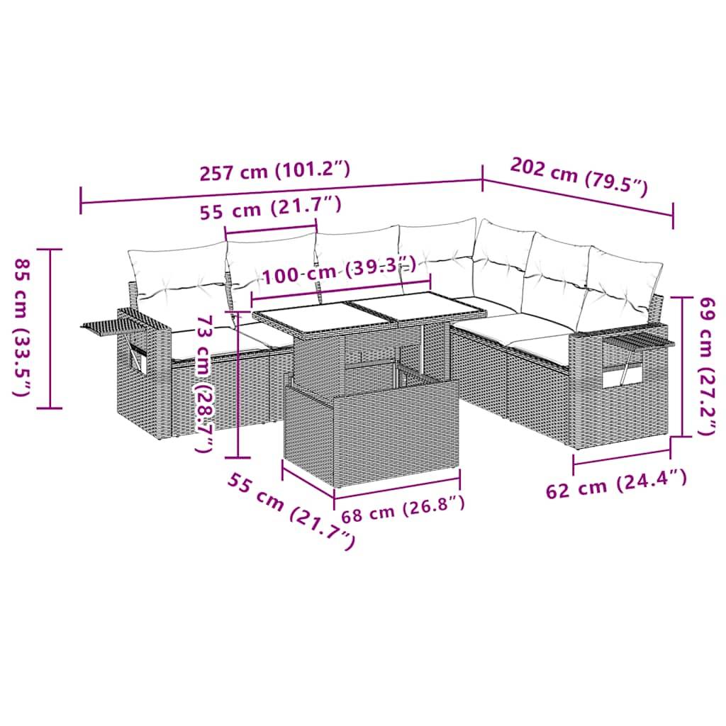 vidaXL 7-teiliges Gartensofa-Set mit Kissen, braun, Polyrattan