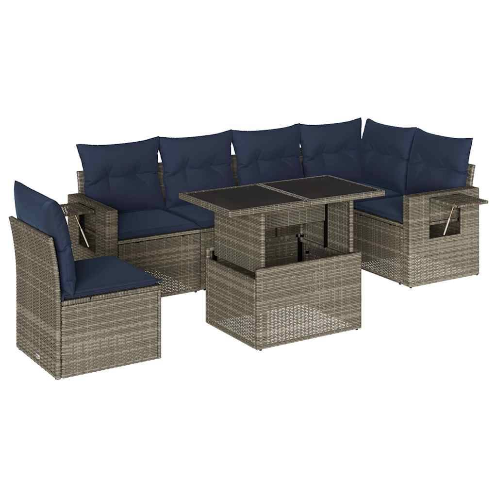 vidaXL 7-teiliges Gartensofa-Set mit Kissen, grau, Polyrattan