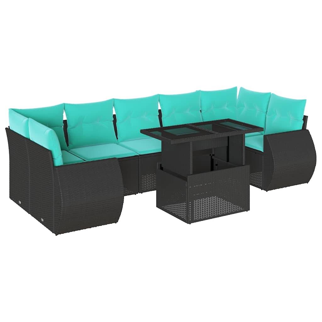 vidaXL 8-teiliges Gartensofa-Set mit Kissen, schwarzes Polyrattan