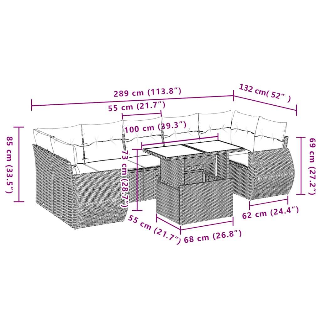 vidaXL 8-teiliges Gartensofa-Set mit Kissen, schwarzes Polyrattan