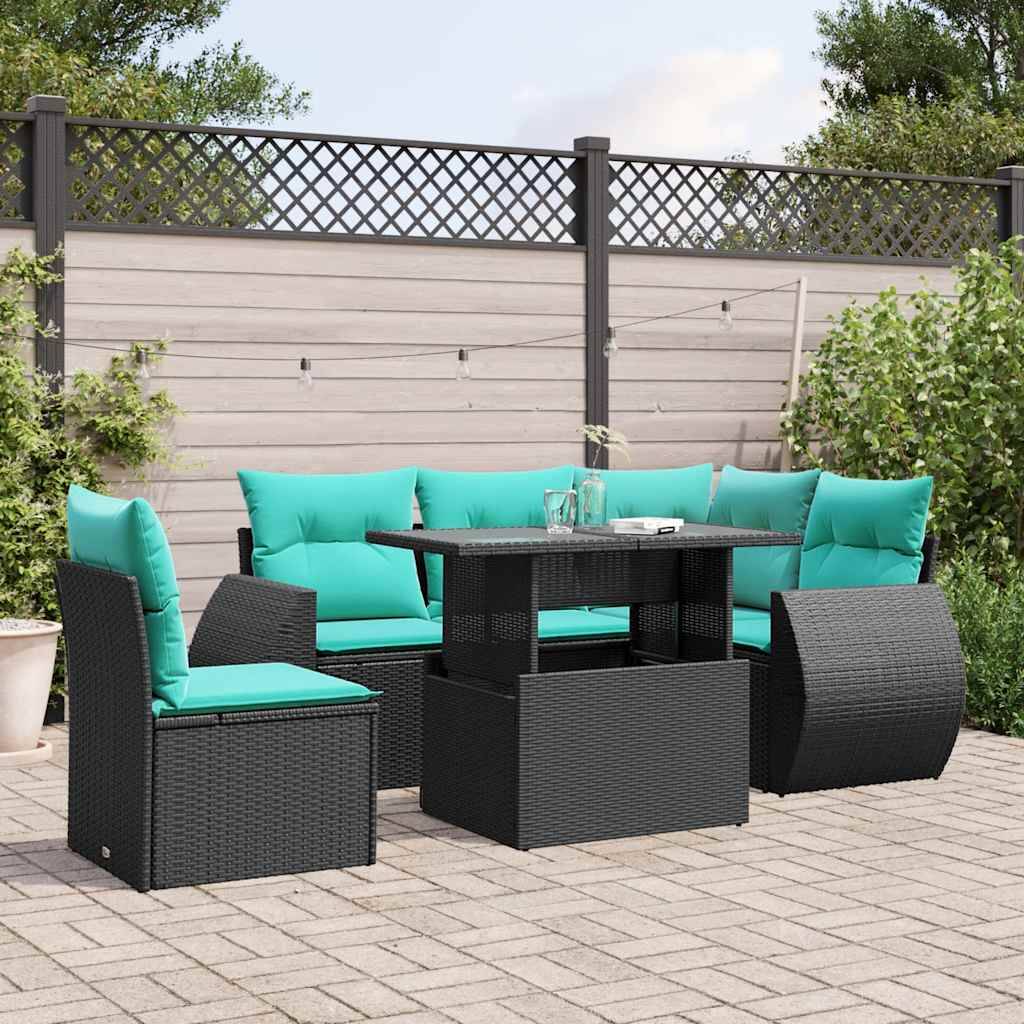 vidaXL 6-teiliges Gartensofa-Set mit Kissen, schwarzes Polyrattan