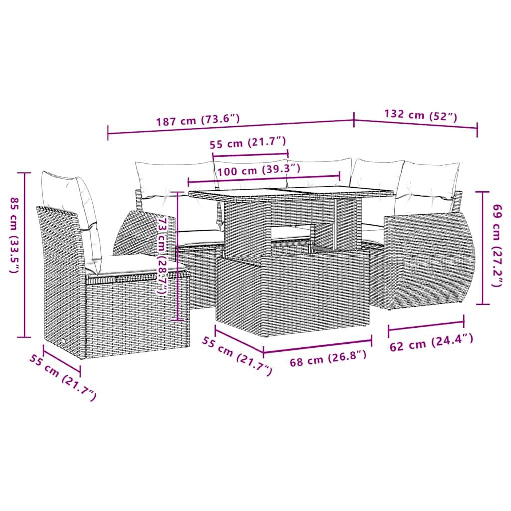 vidaXL 6-teiliges Gartensofa-Set mit Kissen, schwarzes Polyrattan