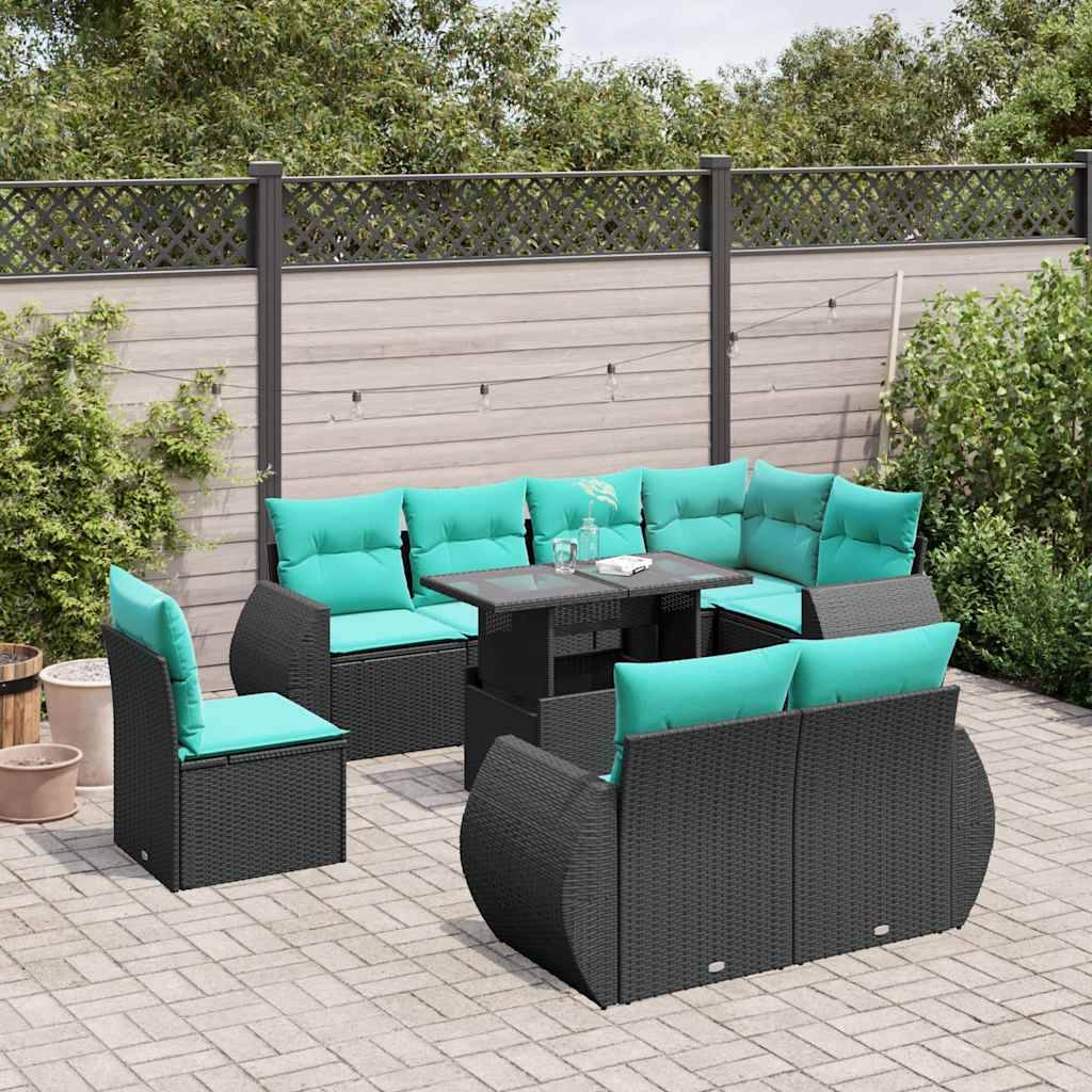 vidaXL 9-teiliges Gartensofa-Set mit Kissen, schwarzes Polyrattan