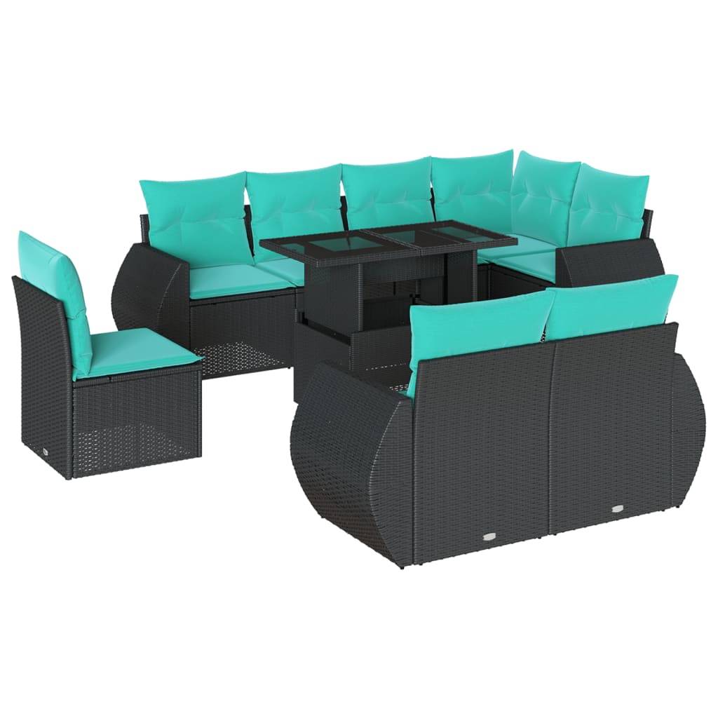 vidaXL 9-teiliges Gartensofa-Set mit Kissen, schwarzes Polyrattan