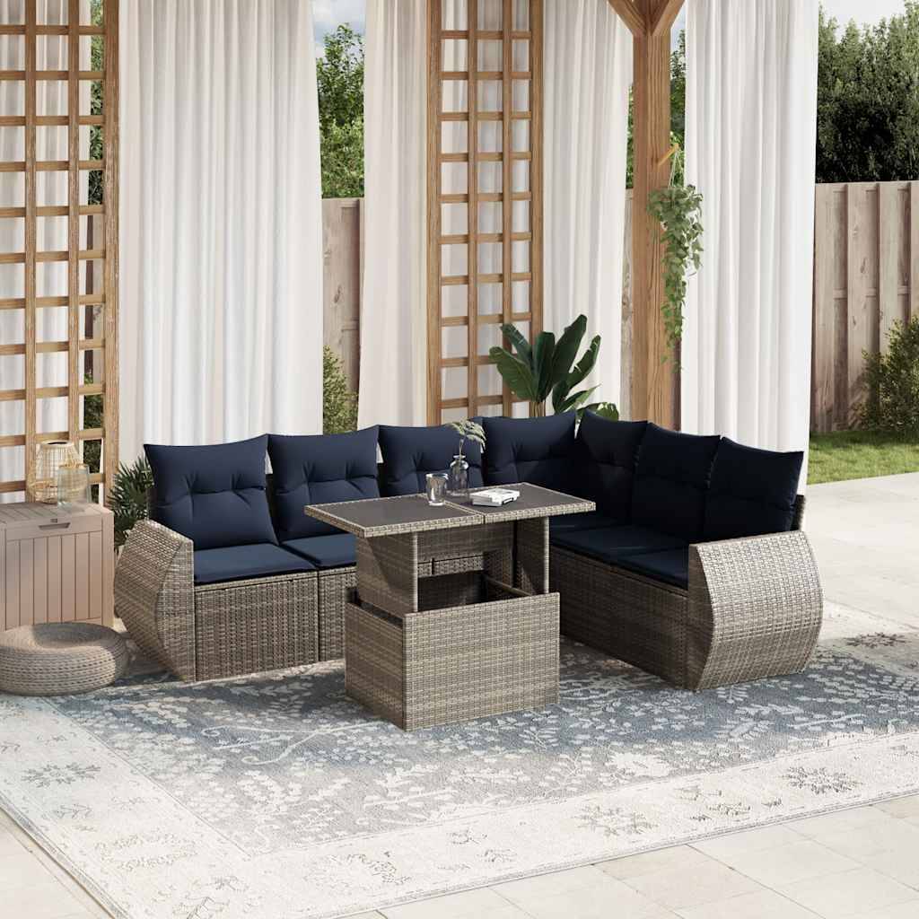 vidaXL 7-teiliges Gartensofa-Set mit Kissen, grau, Polyrattan