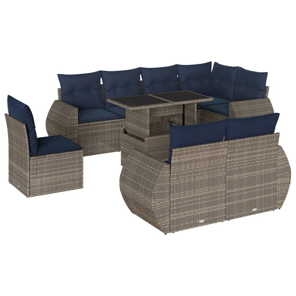 vidaXL 9-teiliges Gartensofa-Set mit Kissen, grau, Polyrattan