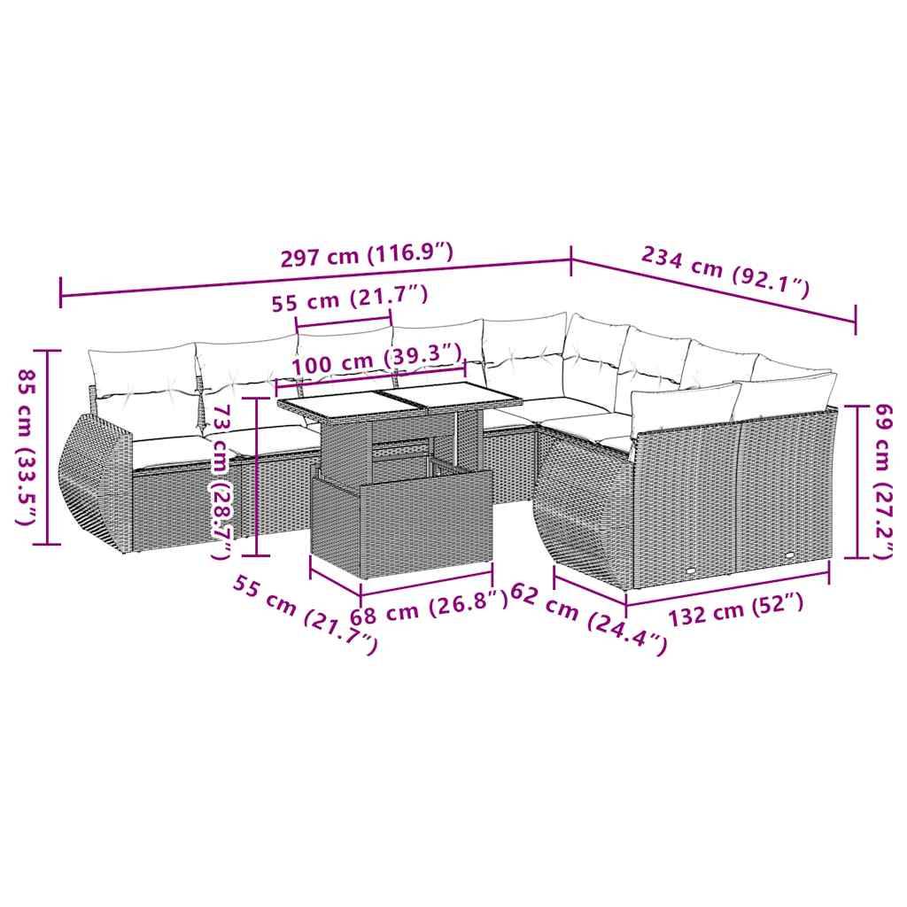 vidaXL 10-teiliges Gartensofa-Set mit Kissen, schwarzes Polyrattan