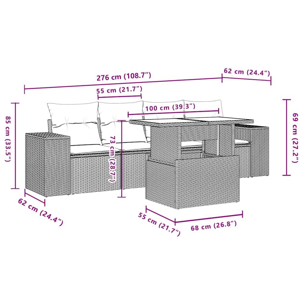 vidaXL 5-teiliges Gartensofa-Set mit Kissen, braun, Polyrattan
